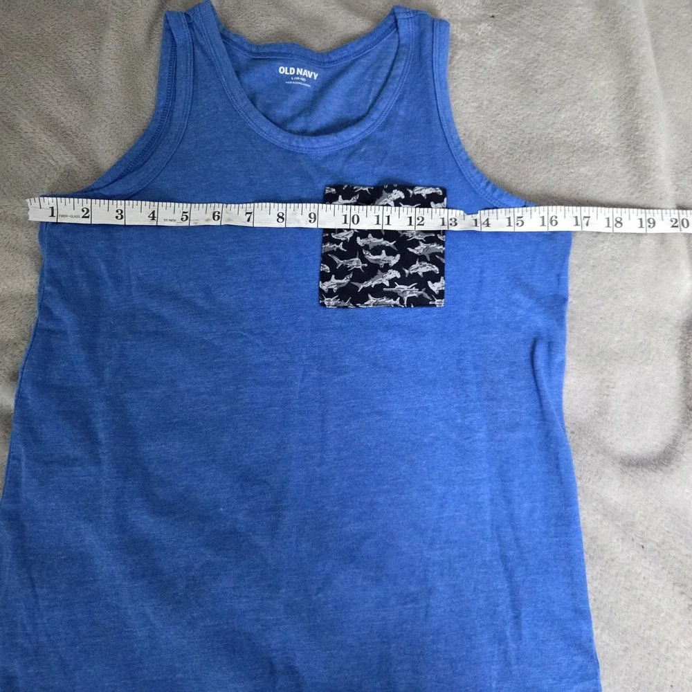 Old Navy Tank Top Boys Large 10-12 Blue Shark Pocket Tagless Jersey Sleeveless